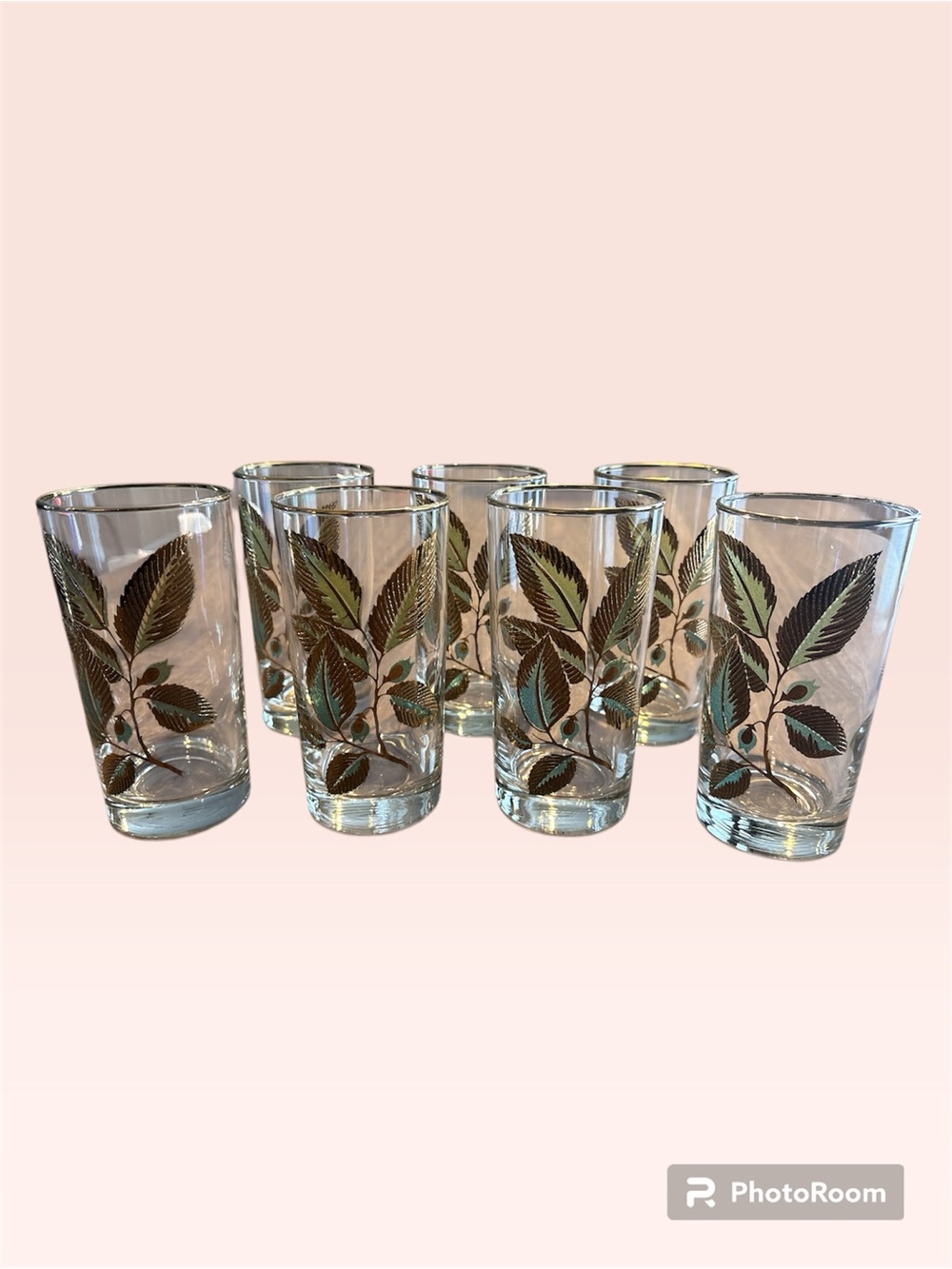 MCM Libbey Cocktail Glass Tumbler Gold /Green Leaves VTG Set of 7 
22 Karat Gold